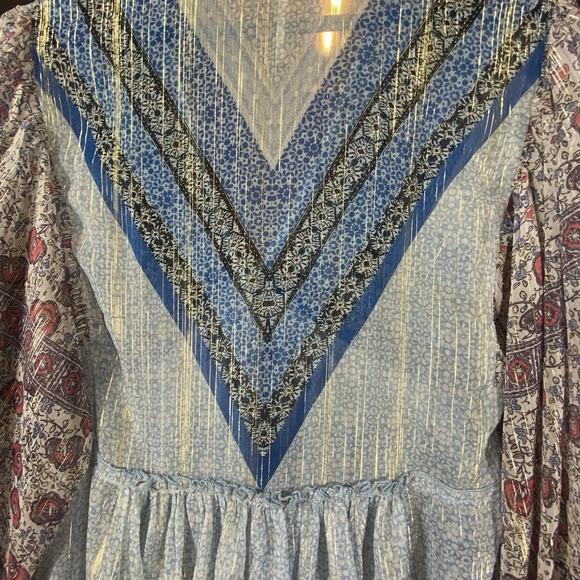 Free People Medium Top Flowy Aliya Long Slv Print Blue Metallic Gold Boho Hippie - Picture 10 of 16